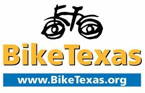 the BikeTexas.org logo is a picture of a bike with eyes for the wheels